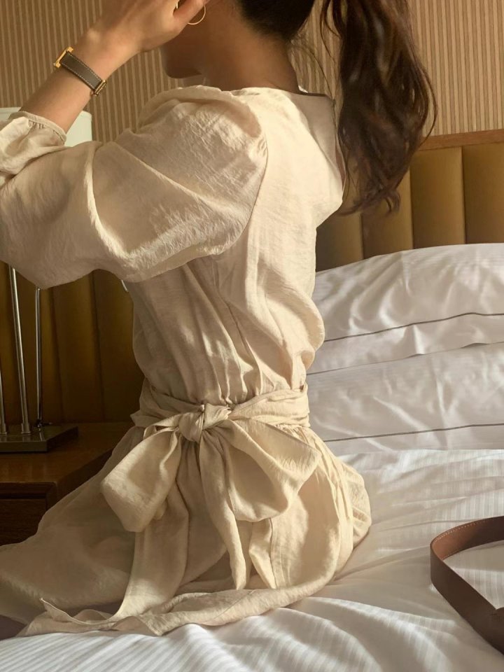 Afarrier - Korean Women Fashion - #thatsdarling - Shirring Belt Tie Dress - 6