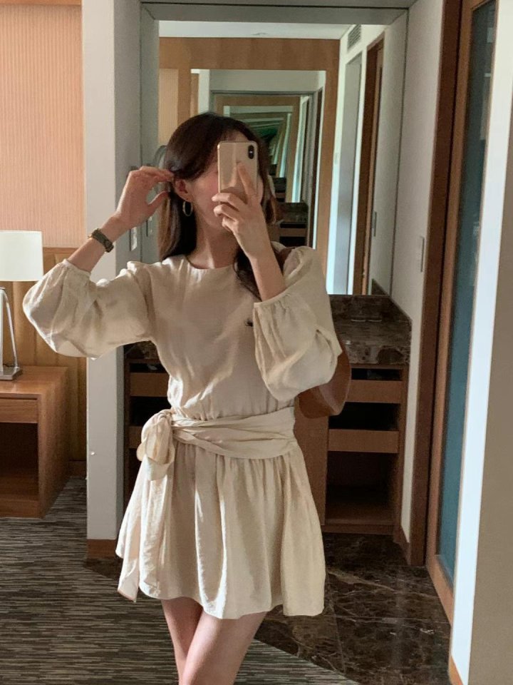 Afarrier - Korean Women Fashion - #vintagekidsstyle - Shirring Belt Tie Dress