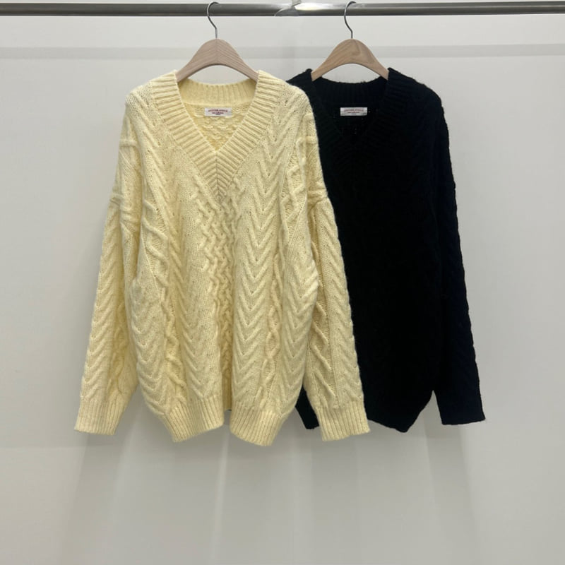 Another Avenue - Korean Women Fashion - #momslook - Wool Cable Knit Boxy V Neck Knit