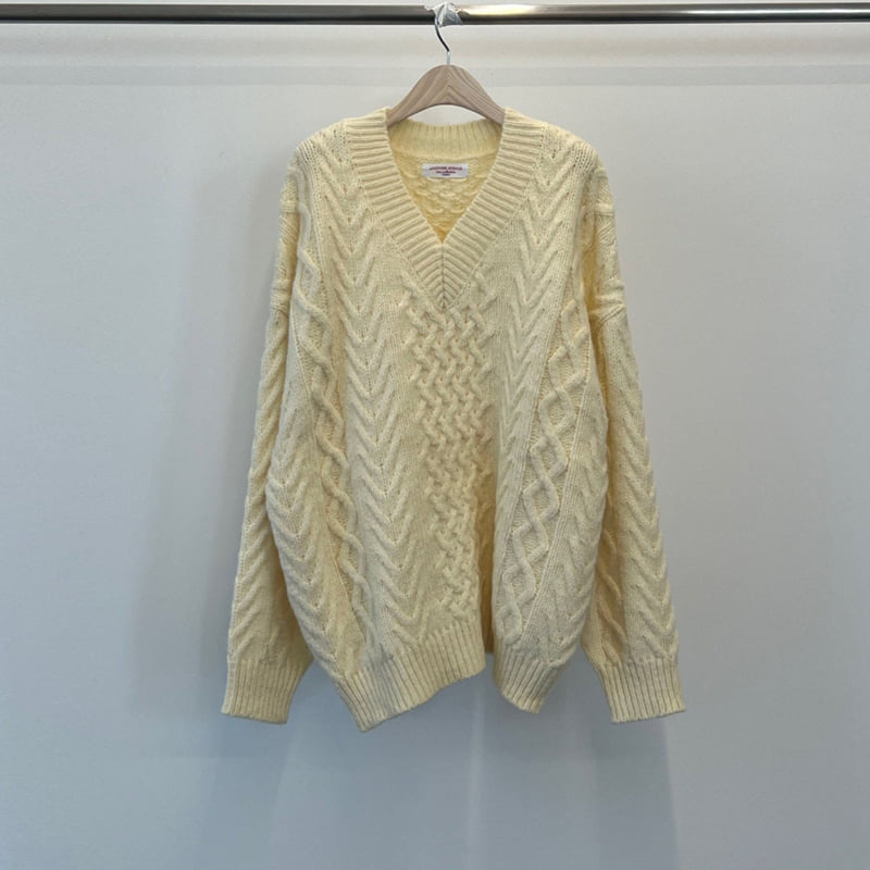 Another Avenue - Korean Women Fashion - #momslook - Wool Cable Knit Boxy V Neck Knit - 3