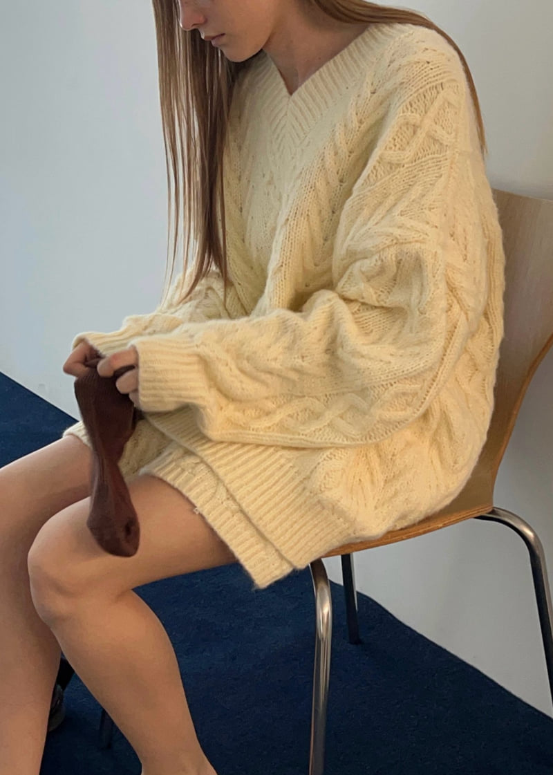 Another Avenue - Korean Women Fashion - #womensfashion - Wool Cable Knit Boxy V Neck Knit - 10