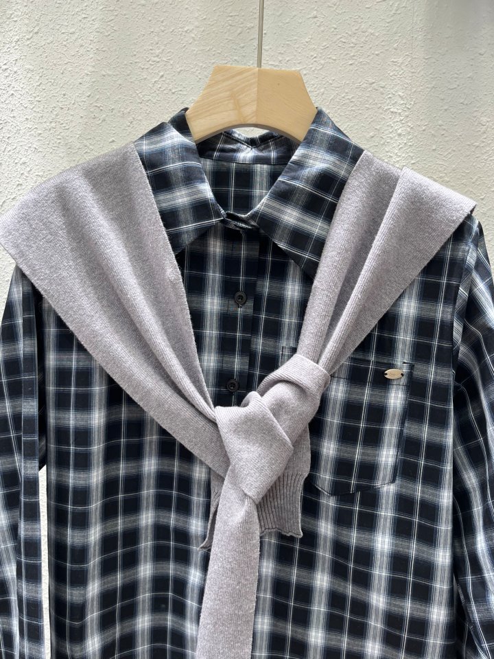Another Plan - Korean Women Fashion - #momslook - Check Shirt Knit Shawl Set - 2