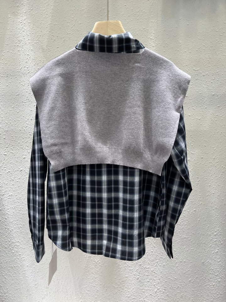 Another Plan - Korean Women Fashion - #womensfashion - Check Shirt Knit Shawl Set - 5