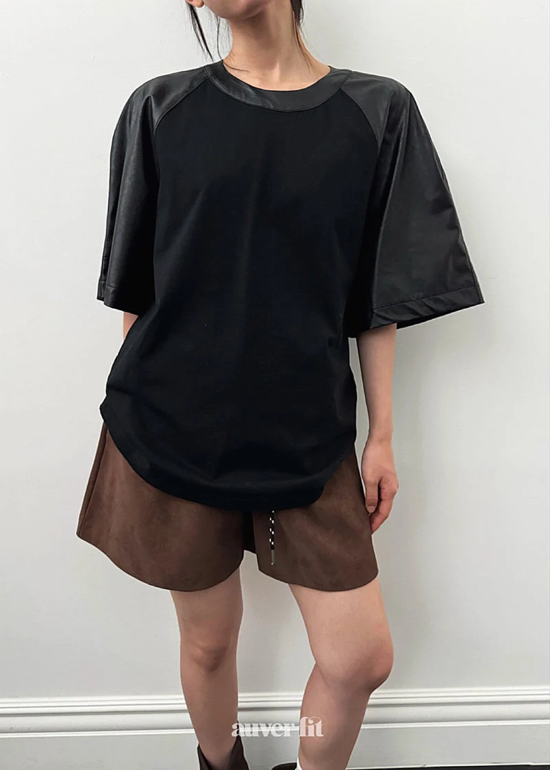 Auver_Fit - Korean Women Fashion - #womensfashion - Leather Raglan Short Sleeved Tee