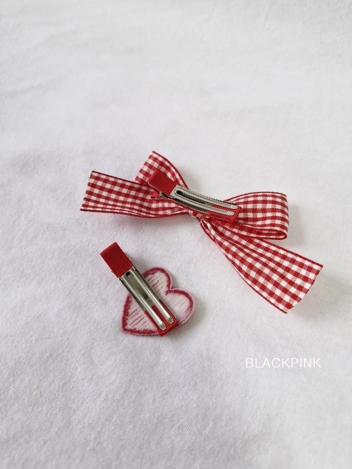 Black Pink - Korean Children Fashion - #childofig - Check Heart Ribbon Set - 8