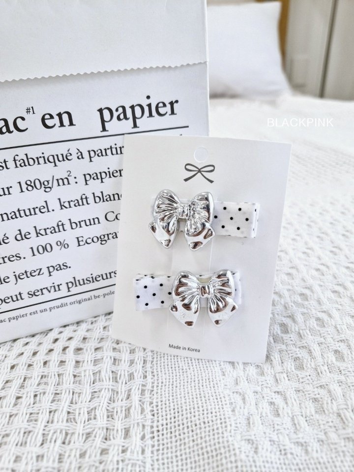 Black Pink - Korean Children Fashion - #kidsstore - Silver Ribbon Dot Pin Set