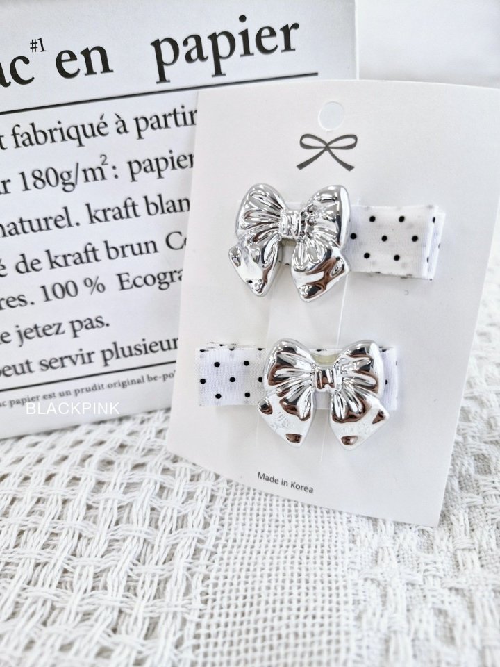 Black Pink - Korean Children Fashion - #kidzfashiontrend - Silver Ribbon Dot Pin Set - 2