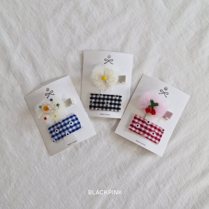 Black Pink - Korean Children Fashion - #littlefashionista - Beaded Flower Check (set of 2)