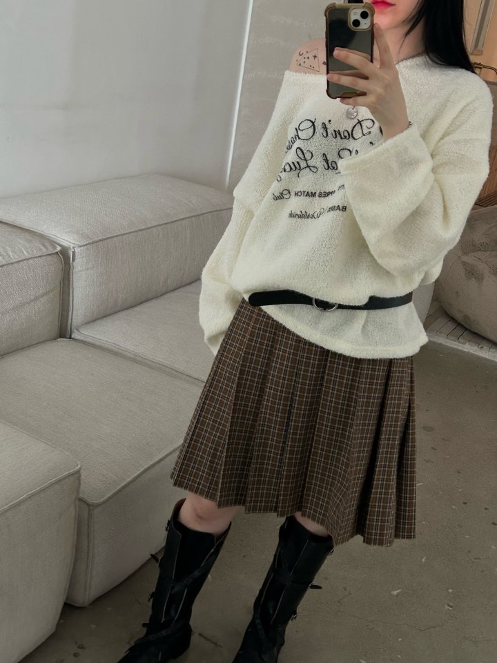 Buckle - Korean Women Fashion - #romanticstyle - Off Lettering Knit - 6
