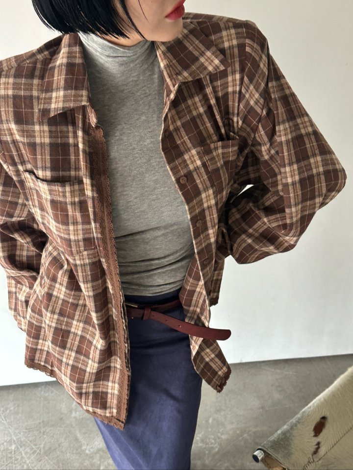 Chavi - Korean Women Fashion - #womensfashion - Mocha Check Shirt (Removable Pads) - 5