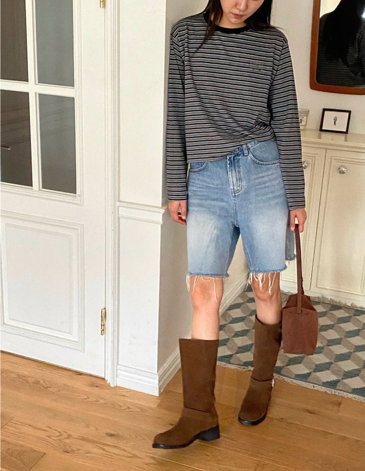 Diana - Korean Women Fashion - #momslook - Pig Button Stripe Tee