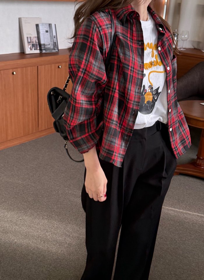 Elmu - Korean Women Fashion - #momslook - Ive Check Shirt - 4