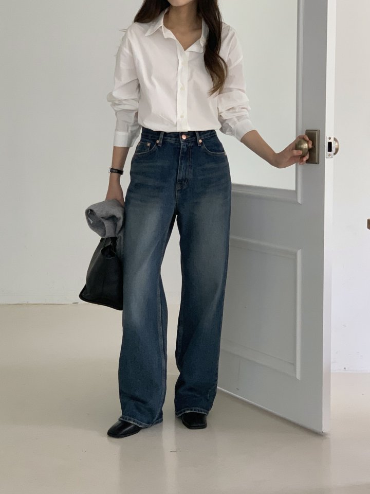I'm here - Korean Women Fashion - #momslook - Dark Blue Cat Brush Vintage Denim Pants