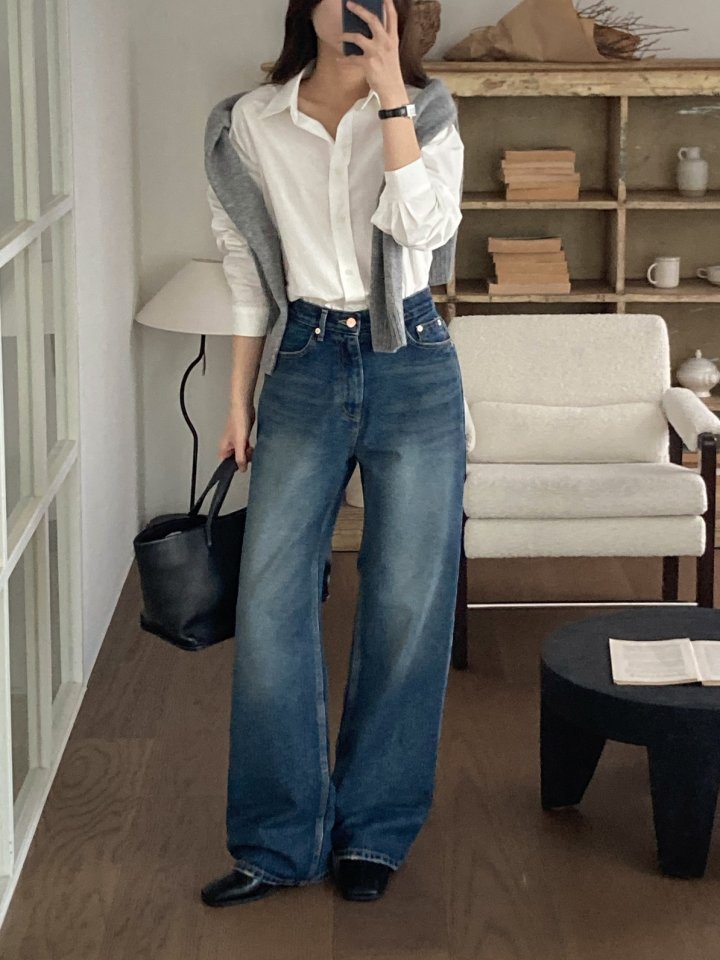 I'm here - Korean Women Fashion - #momslook - Dark Blue Cat Brush Vintage Denim Pants - 2