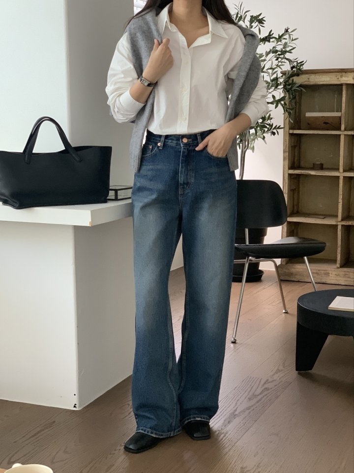 I'm here - Korean Women Fashion - #momslook - Dark Blue Cat Brush Vintage Denim Pants - 3