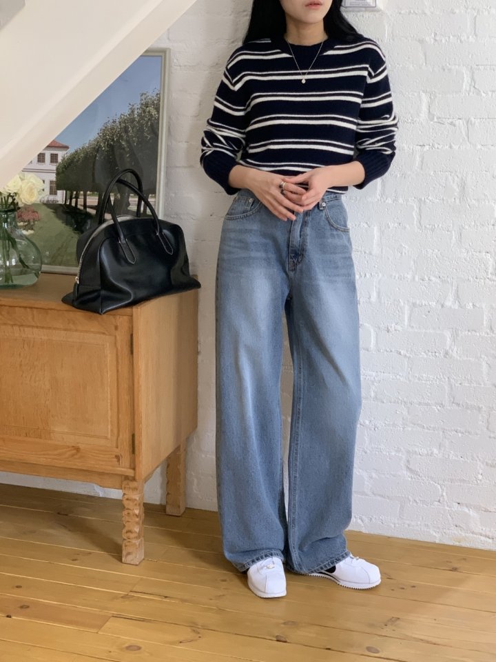 I'm here - Korean Women Fashion - #momslook - Grayish Wide Straight Denim Pants - 11