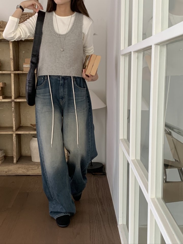I'm here - Korean Women Fashion - #momslook - String Wide Denim Pants - 10
