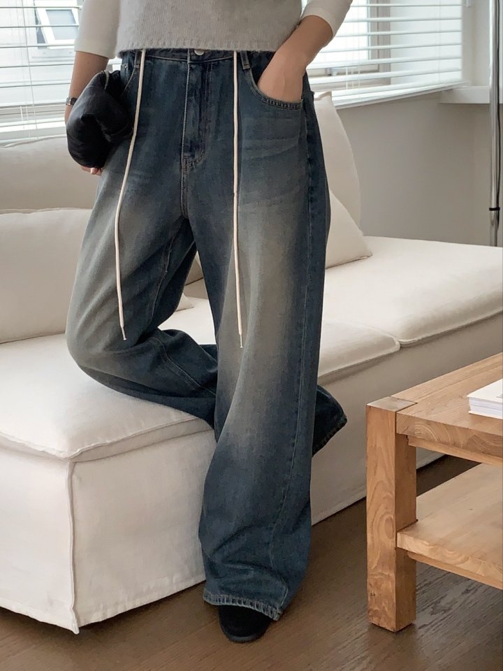 I'm here - Korean Women Fashion - #momslook - String Wide Denim Pants - 12