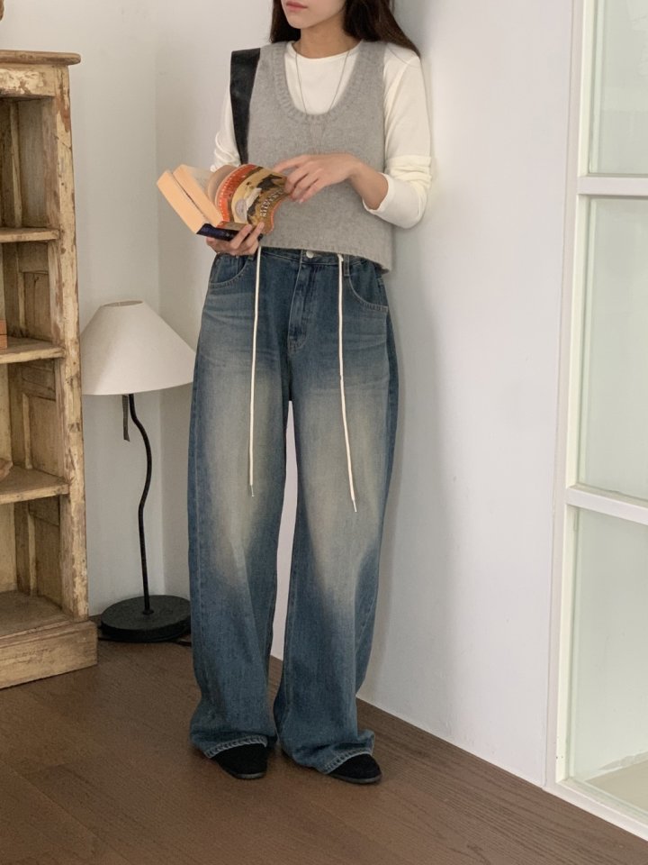 I'm here - Korean Women Fashion - #momslook - String Wide Denim Pants - 8