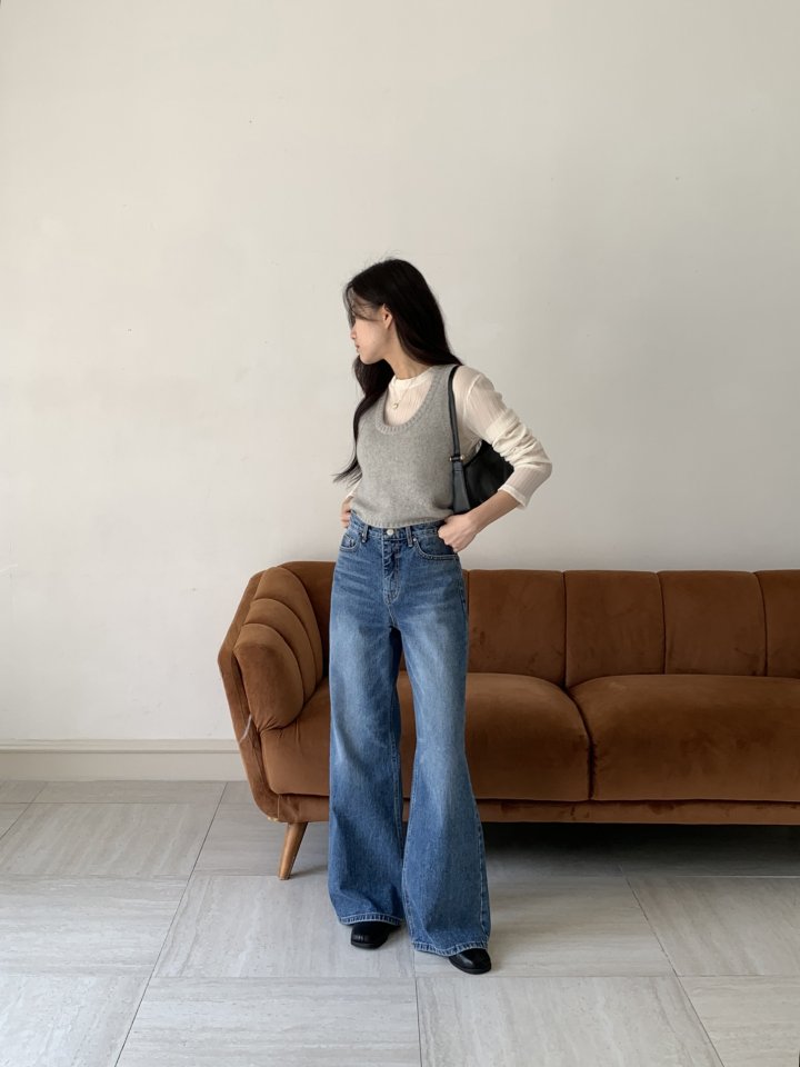 I'm here - Korean Women Fashion - #momslook - Back Slit Wide Straight Denim Pants - 7