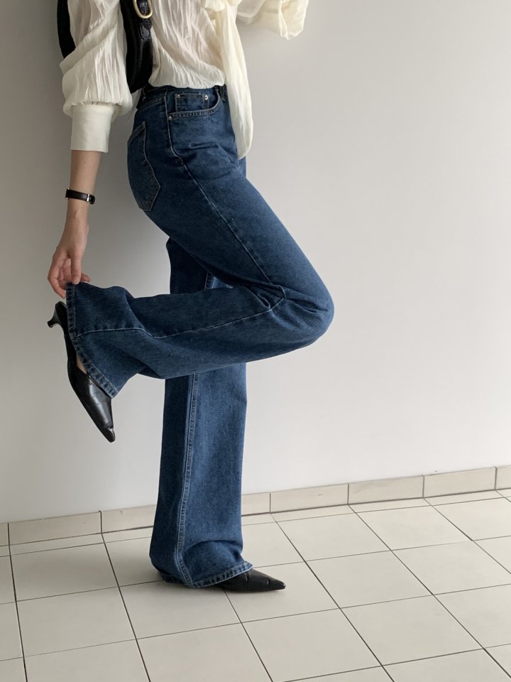 I'm here - Korean Women Fashion - #momslook - Blue Bootcut Wide Denim Pants - 11