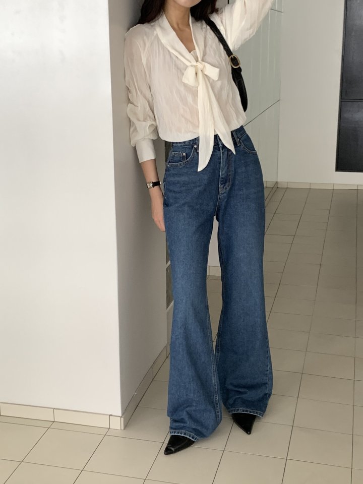 I'm here - Korean Women Fashion - #momslook - Blue Bootcut Wide Denim Pants - 5