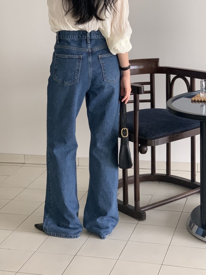 I'm here - Korean Women Fashion - #momslook - Blue Bootcut Wide Denim Pants - 7