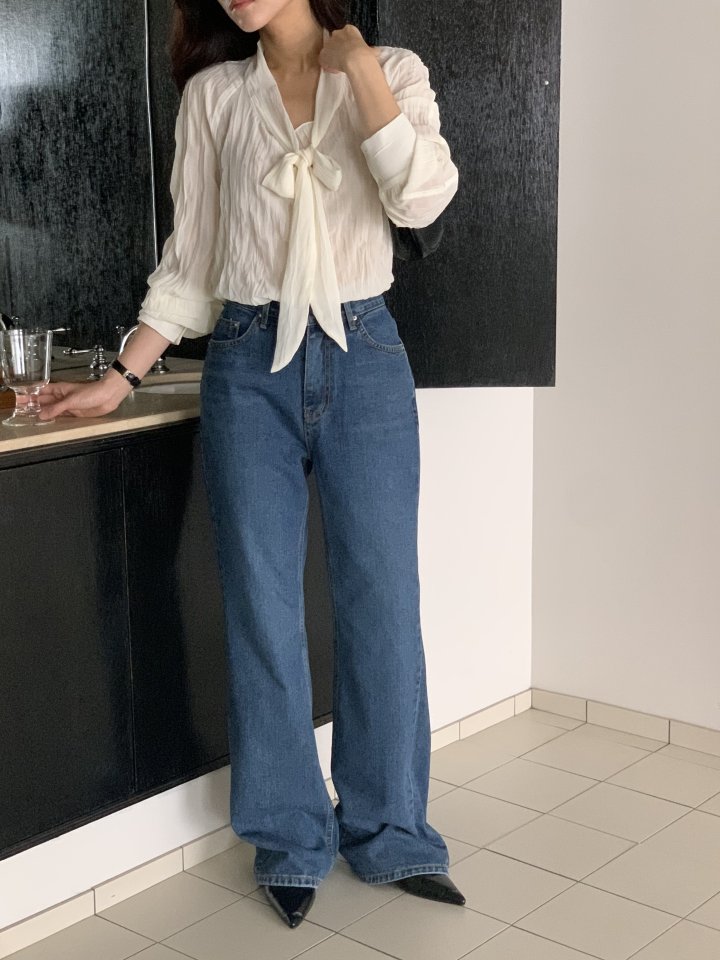 I'm here - Korean Women Fashion - #momslook - Blue Bootcut Wide Denim Pants - 9