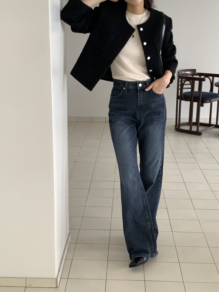 I'm here - Korean Women Fashion - #momslook - Dark Blue Bootcut Wide Denim Pants - 2