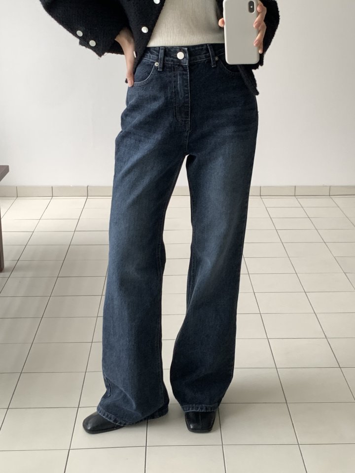 I'm here - Korean Women Fashion - #womensfashion - Dark Blue Bootcut Wide Denim Pants - 4
