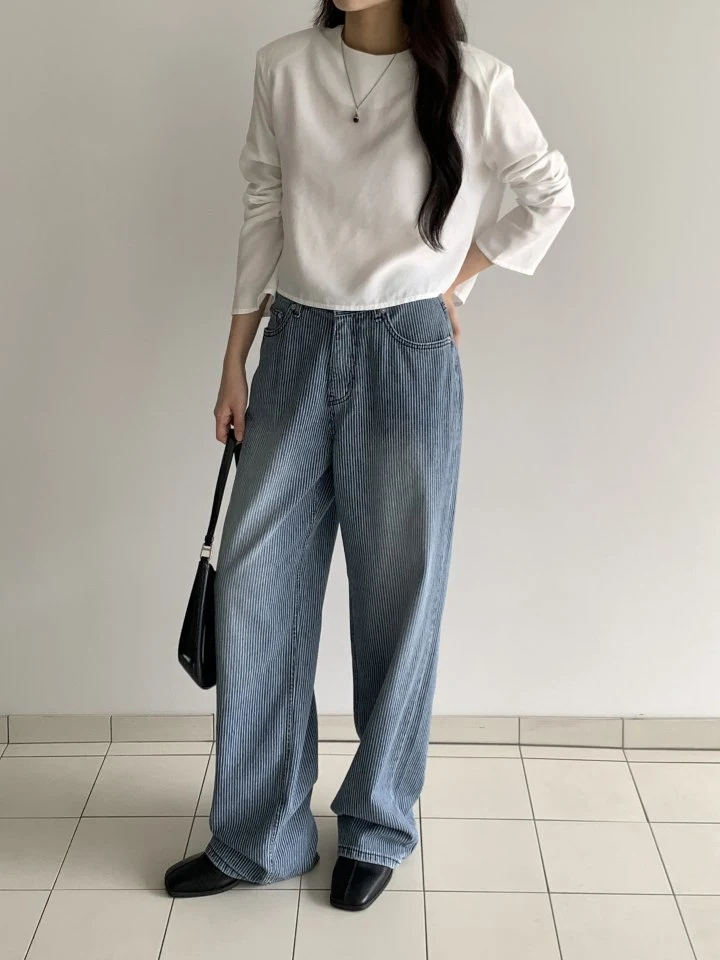 I'm here - Korean Women Fashion - #momslook - Wide Stripe Denim Pants - 10