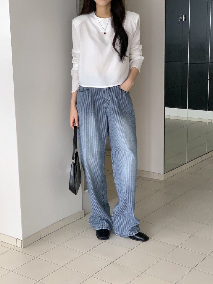 I'm here - Korean Women Fashion - #momslook - Wide Stripe Denim Pants - 6