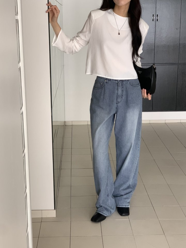 I'm here - Korean Women Fashion - #momslook - Wide Stripe Denim Pants - 8