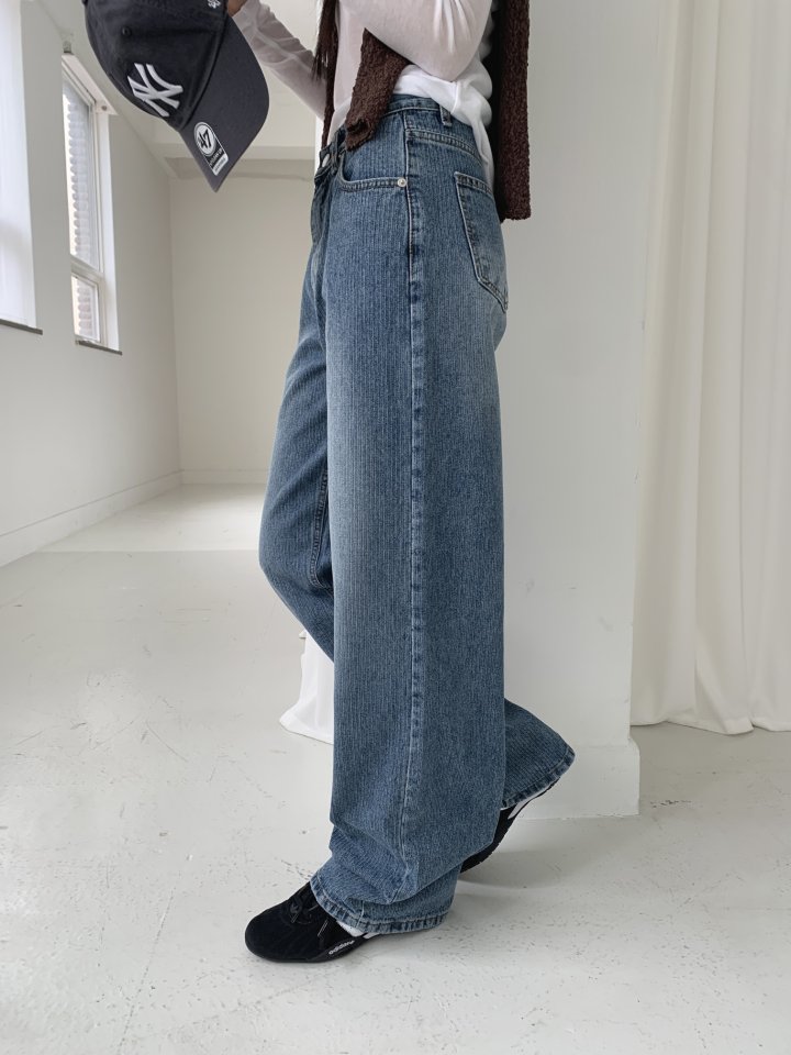 I'm here - Korean Women Fashion - #momslook - Ribbed Stripe Wide Denim Pants - 10