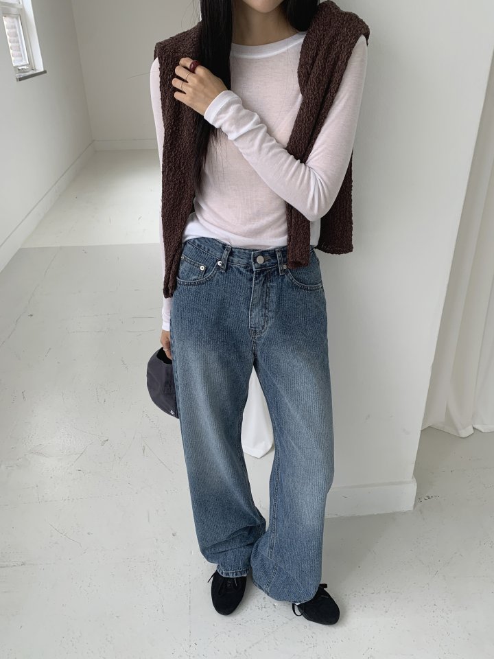 I'm here - Korean Women Fashion - #momslook - Ribbed Stripe Wide Denim Pants - 6