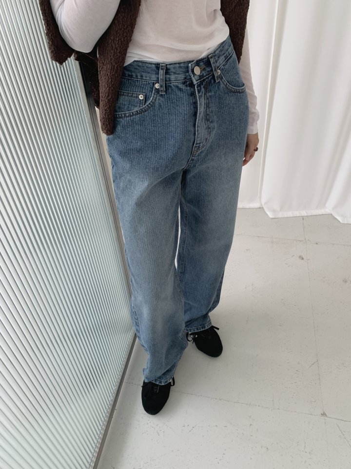 I'm here - Korean Women Fashion - #momslook - Ribbed Stripe Wide Denim Pants - 8