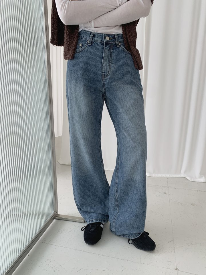 I'm here - Korean Women Fashion - #momslook - Ribbed Stripe Wide Denim Pants - 9
