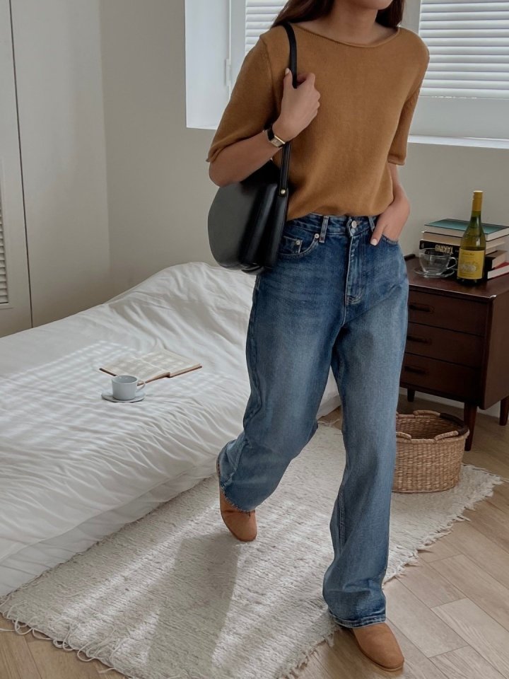 I'm here - Korean Women Fashion - #momslook - All Brush Straight Denim Pants