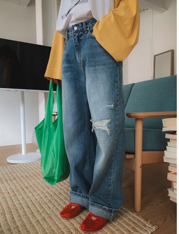 I'm here - Korean Women Fashion - #momslook - Vintage Patched Wide Denim Pants