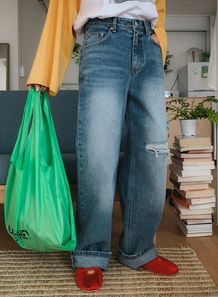 I'm here - Korean Women Fashion - #momslook - Vintage Patched Wide Denim Pants - 3