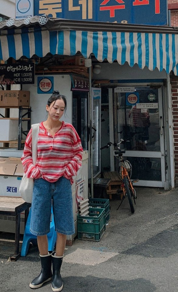 I'm here - Korean Women Fashion - #momslook - Black Washed Blue Bermuda Denim Shorts - 3
