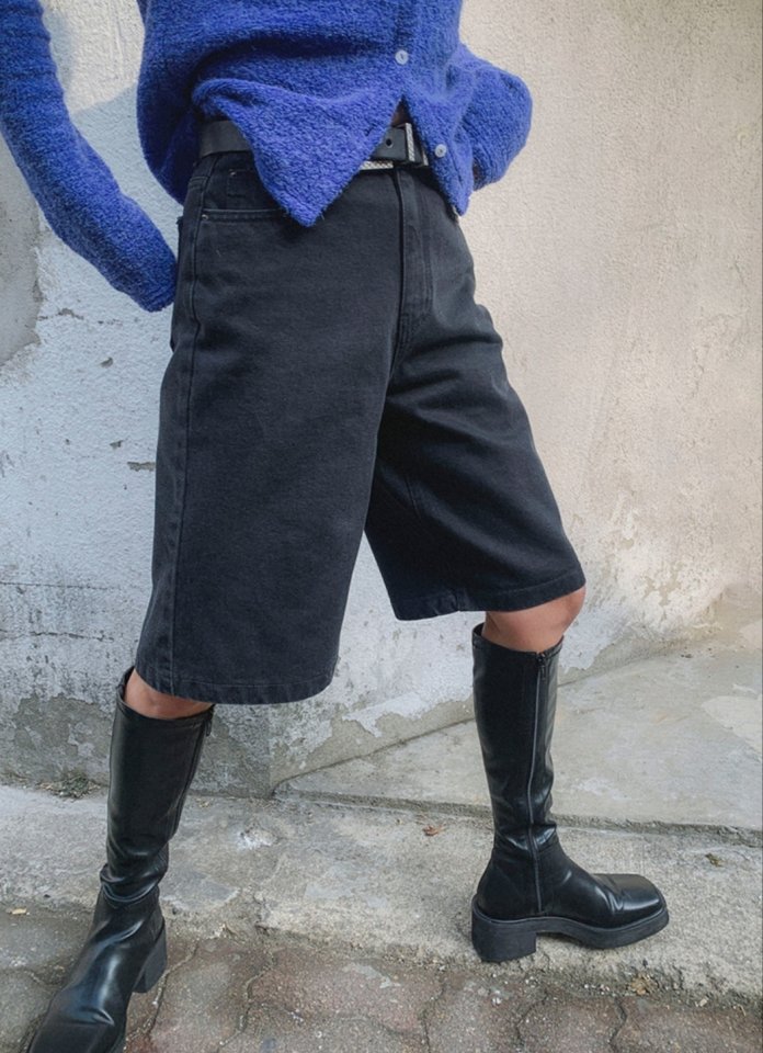 I'm here - Korean Women Fashion - #momslook - Black Washed Bermuda Denim Pants - 2