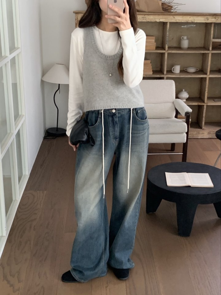 I'm here - Korean Women Fashion - #pursuepretty - String Wide Denim Pants - 2