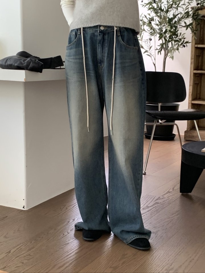 I'm here - Korean Women Fashion - #restrostyle - String Wide Denim Pants - 3