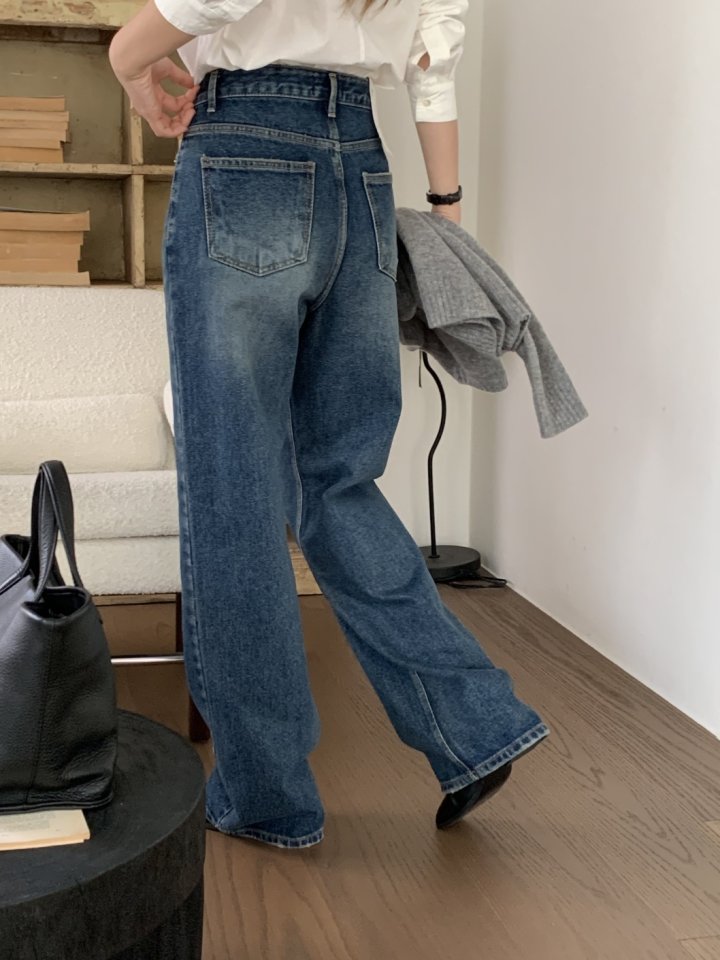I'm here - Korean Women Fashion - #romanticstyle - Dark Blue Cat Brush Vintage Denim Pants - 9