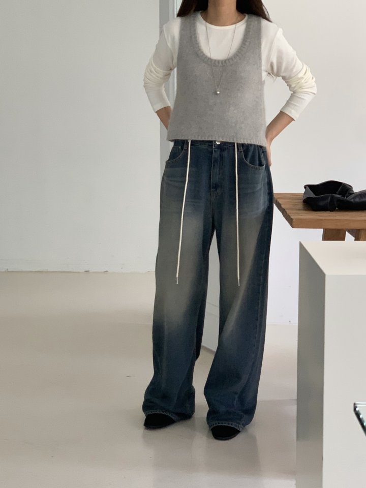I'm here - Korean Women Fashion - #restrostyle - String Wide Denim Pants - 4