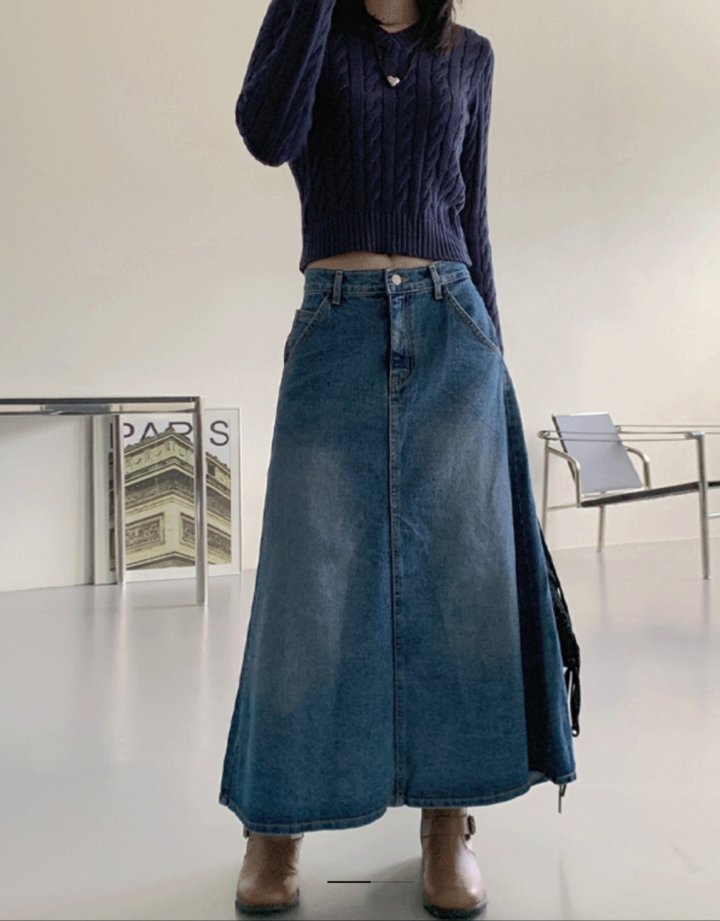 I'm here - Korean Women Fashion - #romanticstyle - Flare Denim Long Skirt - 2