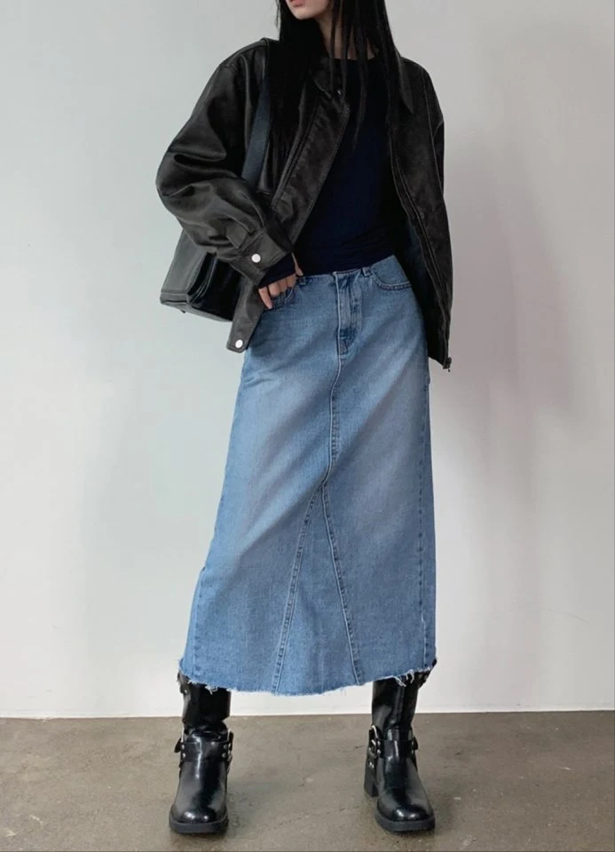 I'm here - Korean Women Fashion - #romanticstyle - Cut Slit Denim Long Skirt