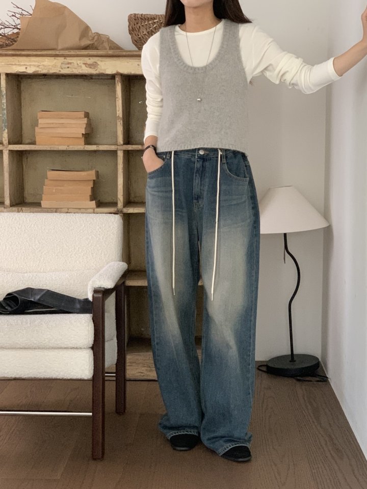 I'm here - Korean Women Fashion - #shopsmall - String Wide Denim Pants - 5