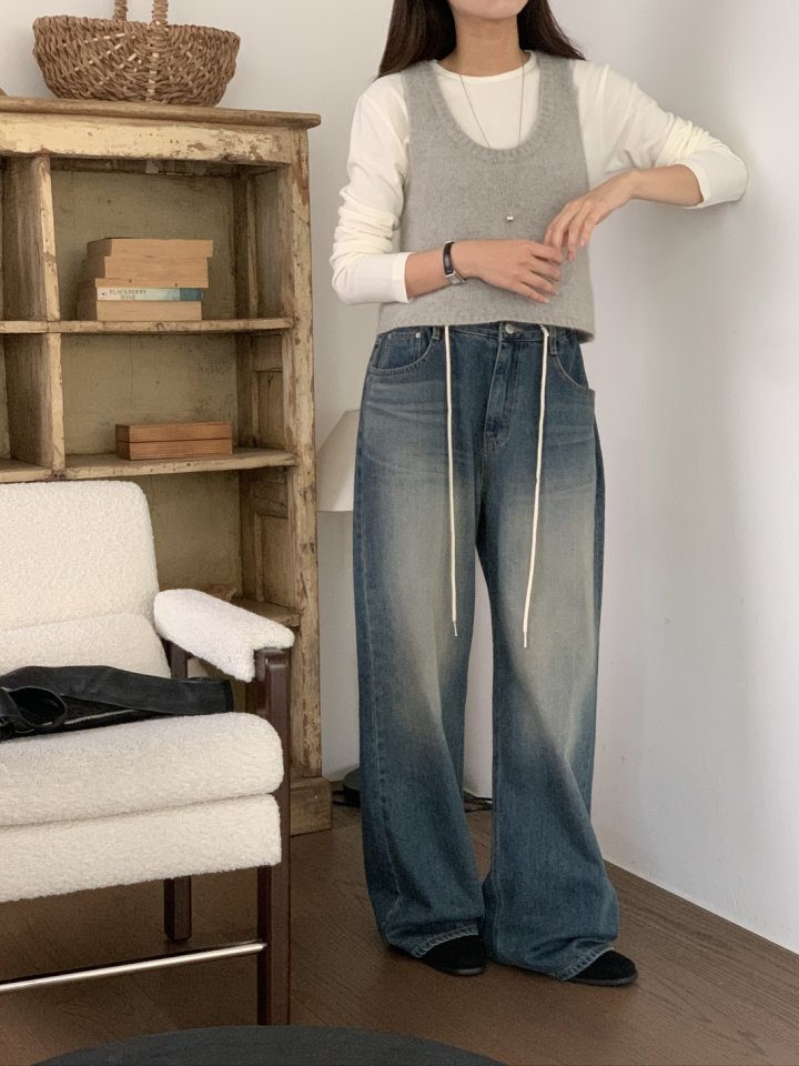 I'm here - Korean Women Fashion - #thelittlethings - String Wide Denim Pants - 7